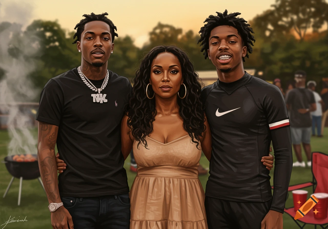 A vibrant illustration of a Black woman between two young Black men, posing at a warm, golden hour backyard cookout.