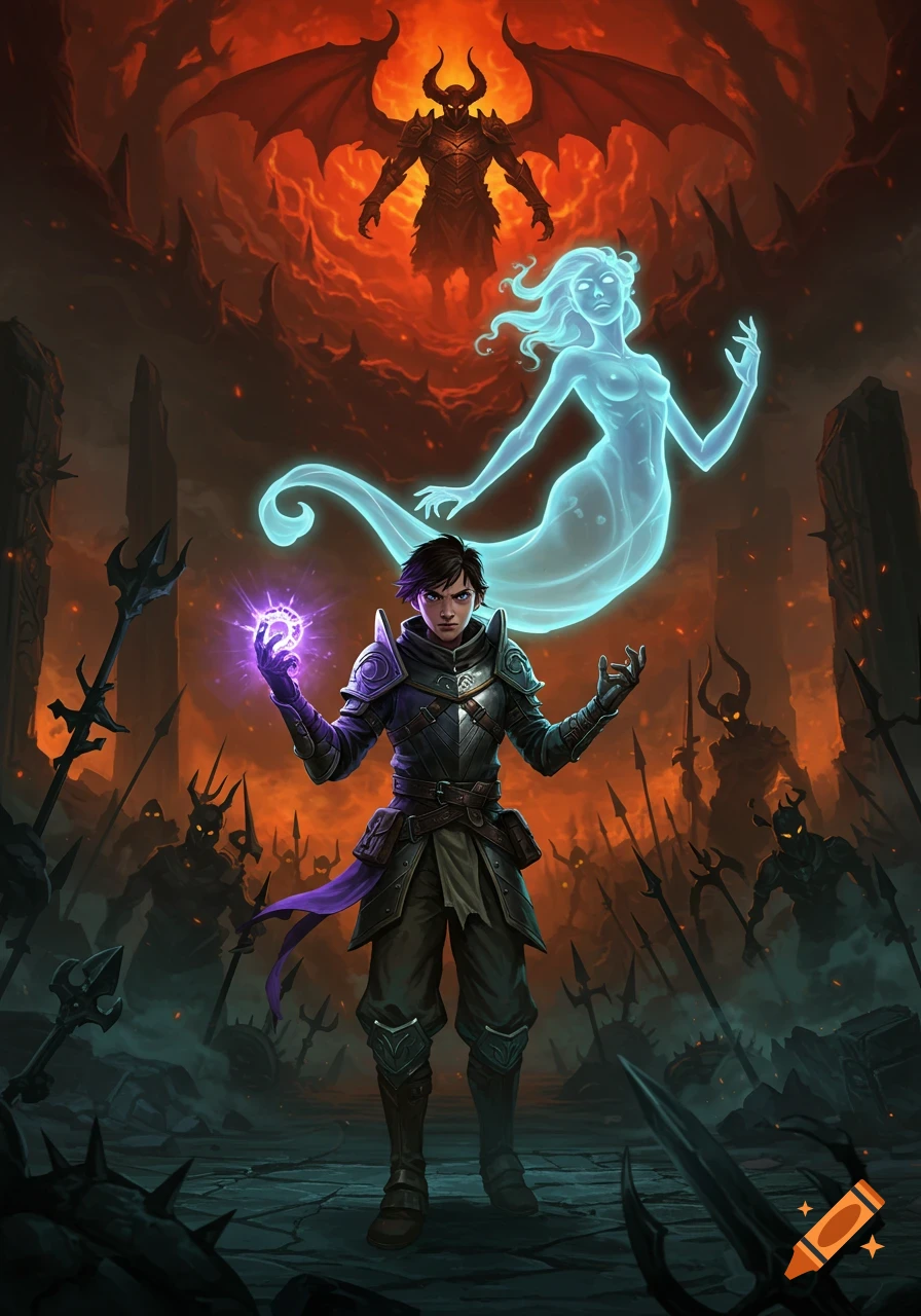 A young warrior with a glowing orb stands on a battlefield with an ethereal spirit, facing an army of demons and a large horned demon lord.