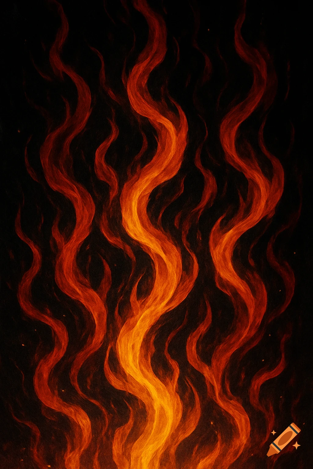Stylized orange and red flames on a black background, forming wavy vertical patterns.