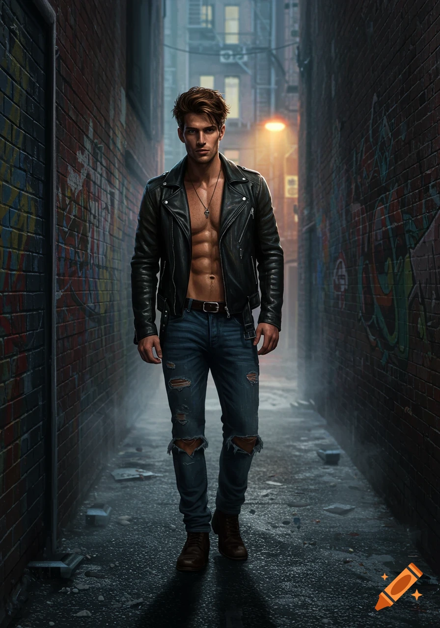 A man with brown hair and sculpted abs wears an open leather jacket and ripped jeans, walking down a dark, graffiti-covered alley at night.