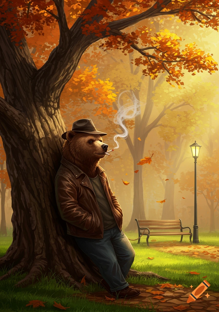 A brown bear in a hat and leather jacket leans against a tree, smoking, in a vibrant autumn park with golden leaves.