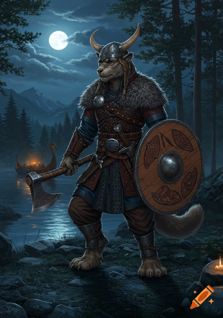 A furry Viking warrior stands by a moonlit lake, holding an axe and shield, with a longboat in the background.