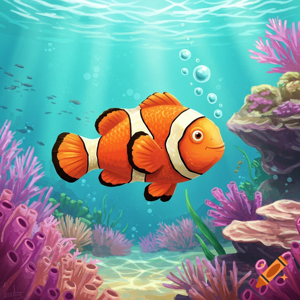 A smiling cartoon clownfish swims among colorful coral and sea plants in a vibrant, clear blue ocean, with other small fish in the background.