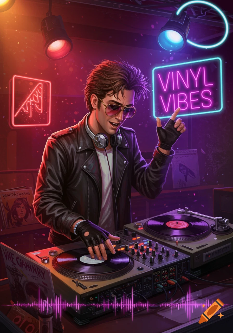 A stylized illustration of a cool DJ in sunglasses and a leather jacket playing vinyl records in a neon-lit club.