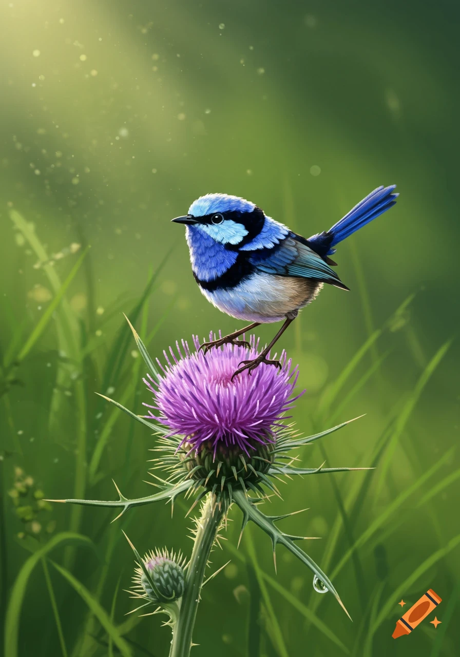 A vibrant blue wren with a black mask perches on a spiky purple thistle flower in a sun-dappled green field.