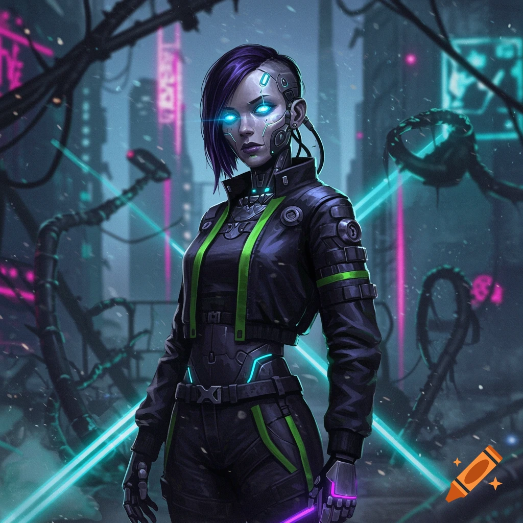 A female cyborg with glowing blue eyes and purple hair, wearing a black and neon green outfit, stands in a rainy cyberpunk city with glowing neon lights.