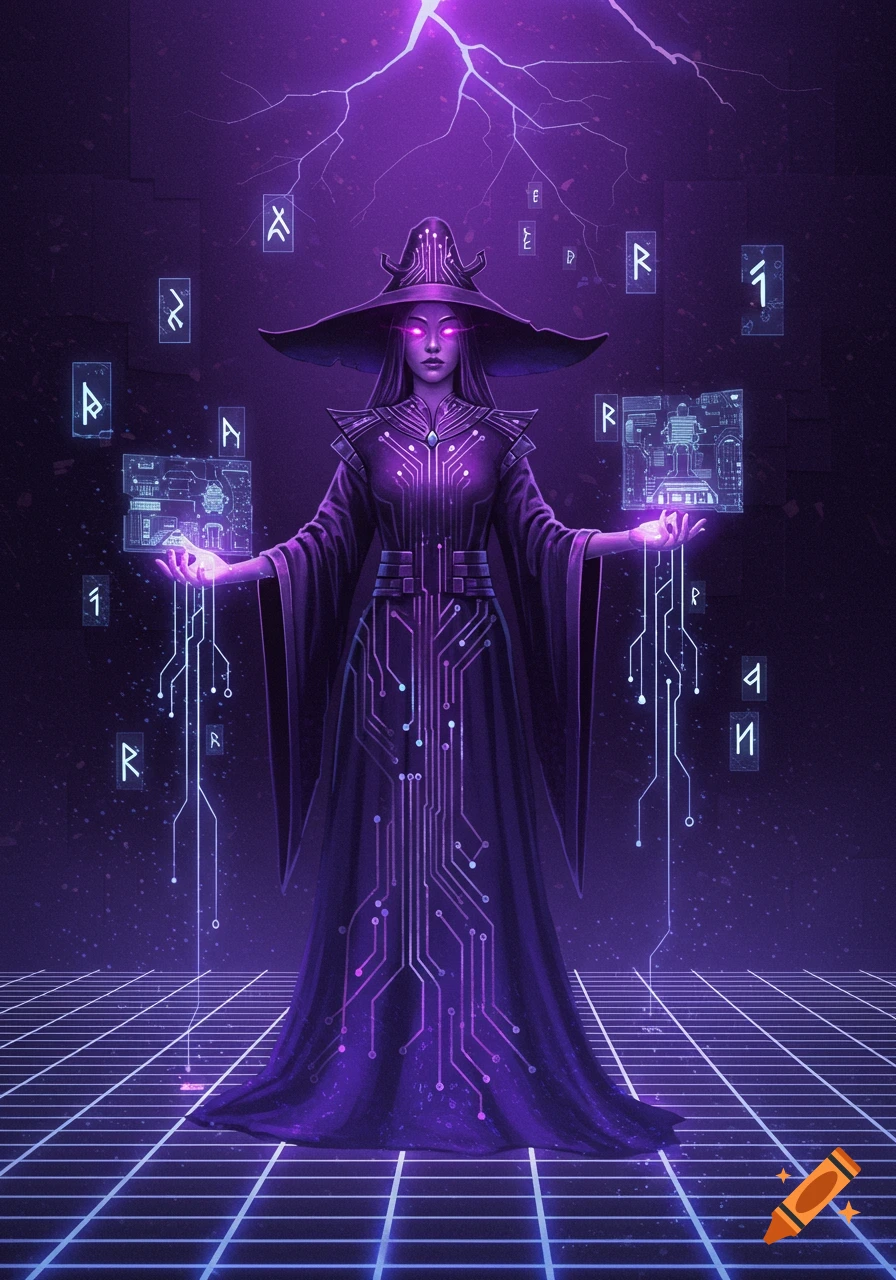 A stylized purple-themed witch with glowing eyes and circuit board patterns on her robes, standing on a grid with floating runic and tech symbols, under purple lightning.