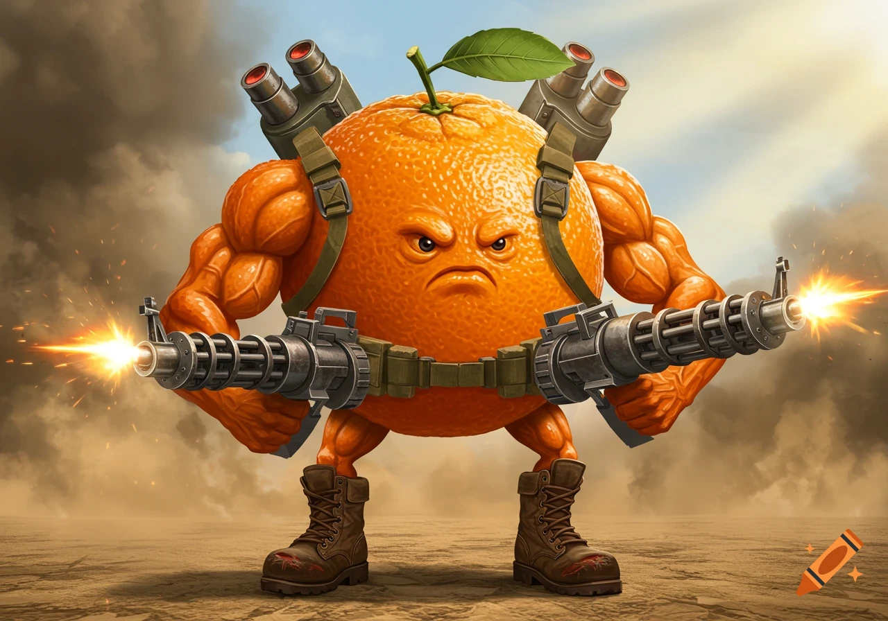 A muscular anthropomorphic orange character holds two miniguns, with rockets on its backpack, wearing combat boots.