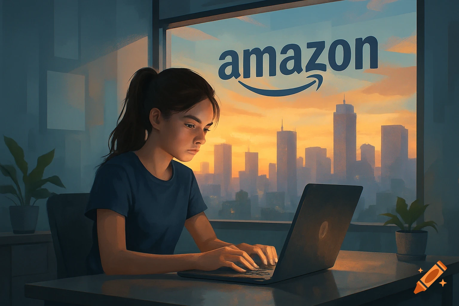 A young girl works on a laptop in an office overlooking a city skyline with an Amazon logo in the window.