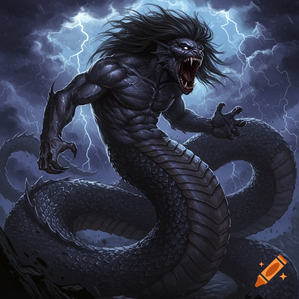 A powerful dark naga monster with long hair and fangs roars against a stormy, lightning-filled sky.