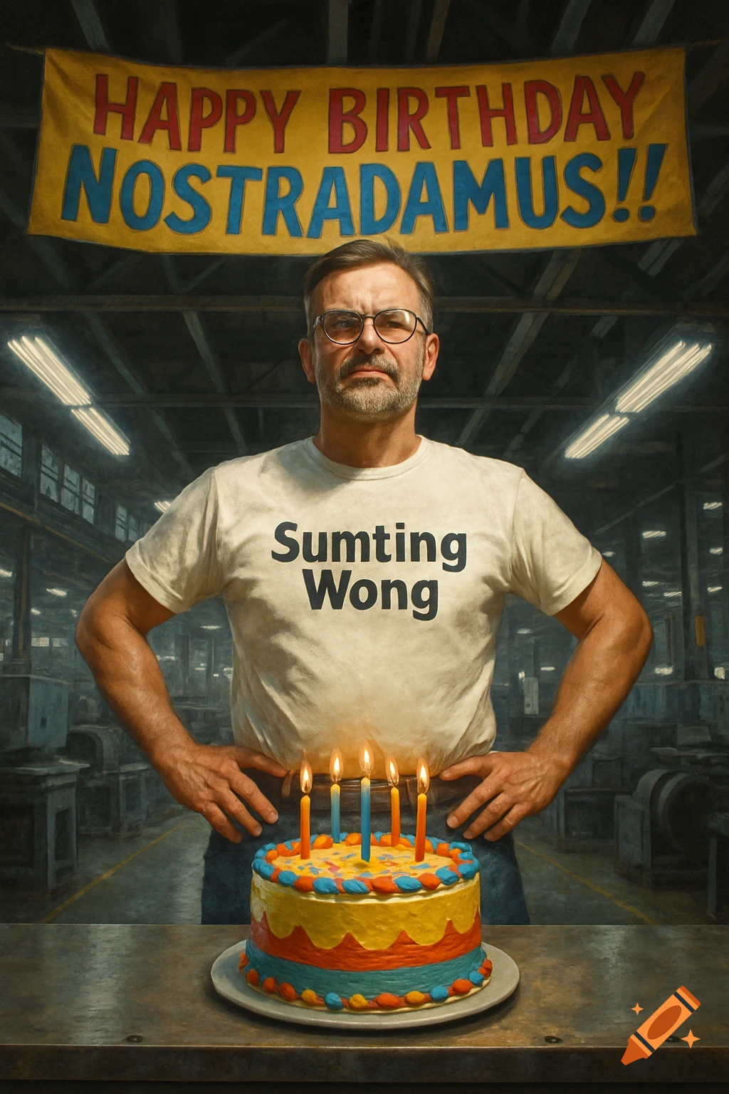 A photorealistic image of a man in a factory with a birthday cake. A banner above reads 'Happy Birthday Nostradamus!!' and his t-shirt says 'Sumting Wong'.