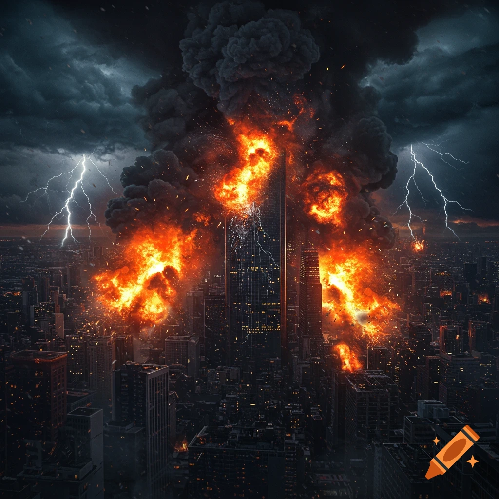 A large skyscraper engulfed in flames and smoke in a dark, stormy cityscape, with lightning striking the sky.