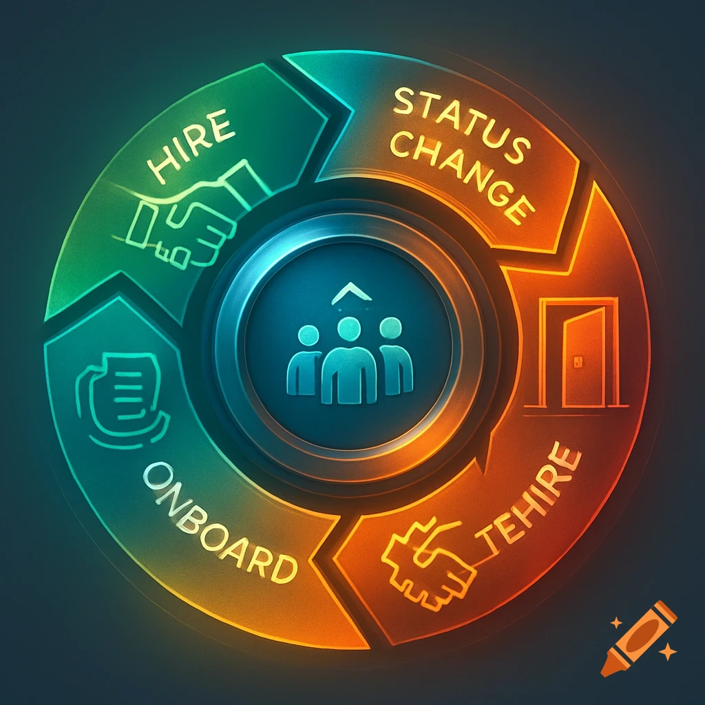 An illuminated circular diagram illustrating the employee lifecycle with stages: Hire, Status Change, TEHIRE, and Onboard, featuring related icons.