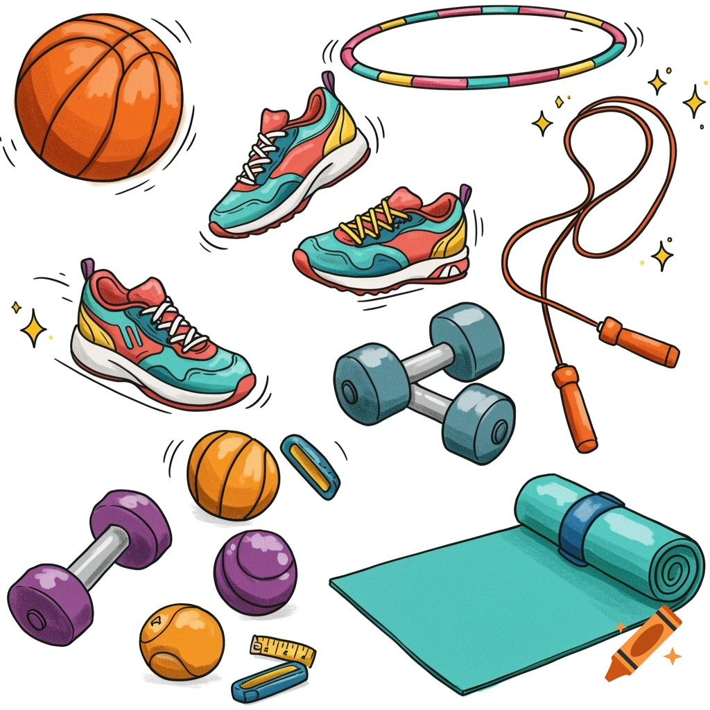 A colorful cartoon sketch featuring various PE and fitness items on a white background, including a basketball, sneakers, dumbbells, a hula hoop, a jump rope, a yoga mat, and small exercise balls.