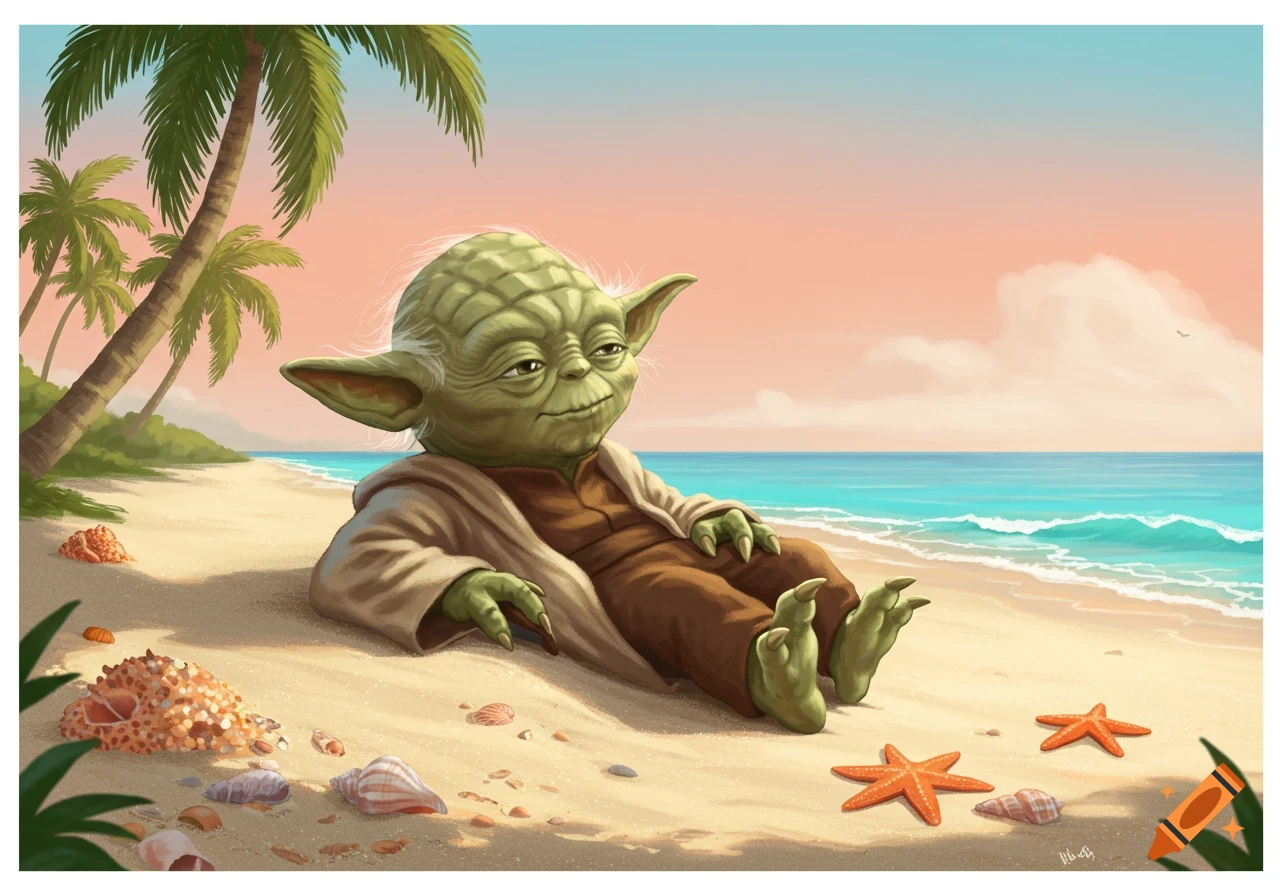 Yoda in his robes lounging on a sunny sandy beach with palm trees, ocean waves, shells, and starfish.