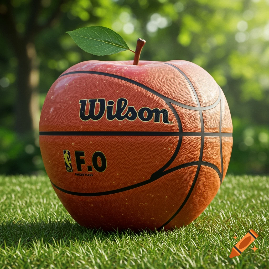 A photorealistic image of a red apple shaped like a Wilson basketball, resting on green grass under soft sunlight.