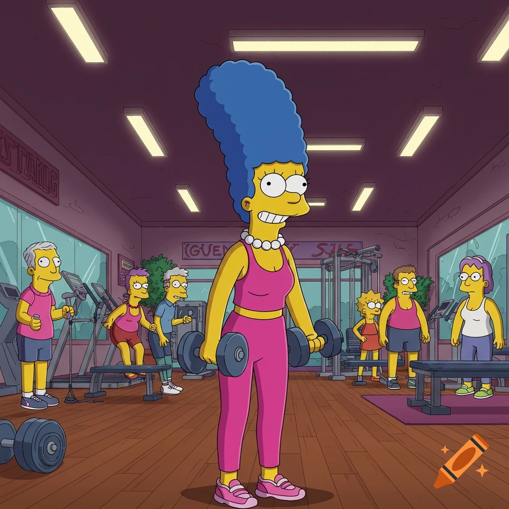 Marge Simpson in a pink workout outfit lifts dumbbells at a gym, in The Simpsons cartoon style.