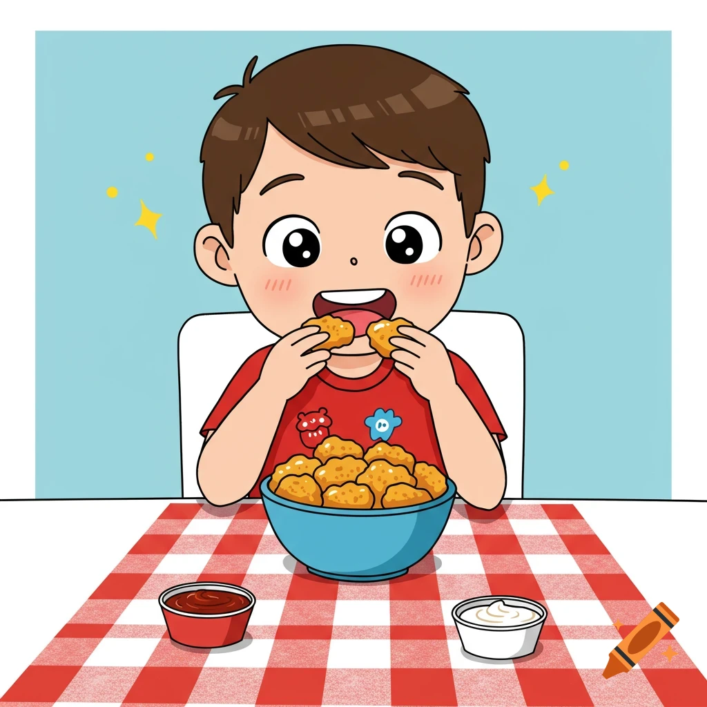 A cartoon boy happily eating chicken nuggets from a blue bowl on a red and white checkered tablecloth.