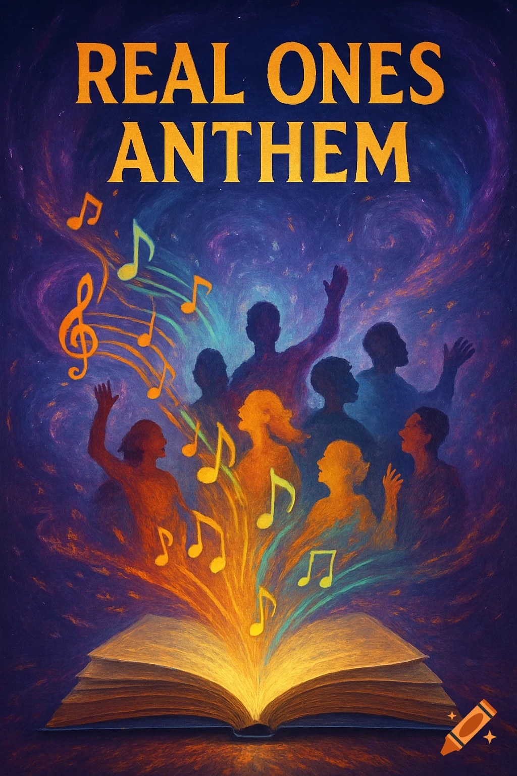 Stylized image of an open book emitting glowing light, musical notes, and silhouetted figures singing under a starry, swirling sky. Text reads 'REAL ONES ANTHEM'.