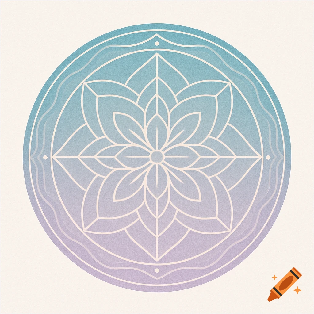 A circular sacred geometry logo with white outlines of a lotus flower design, on a blue and purple gradient background.