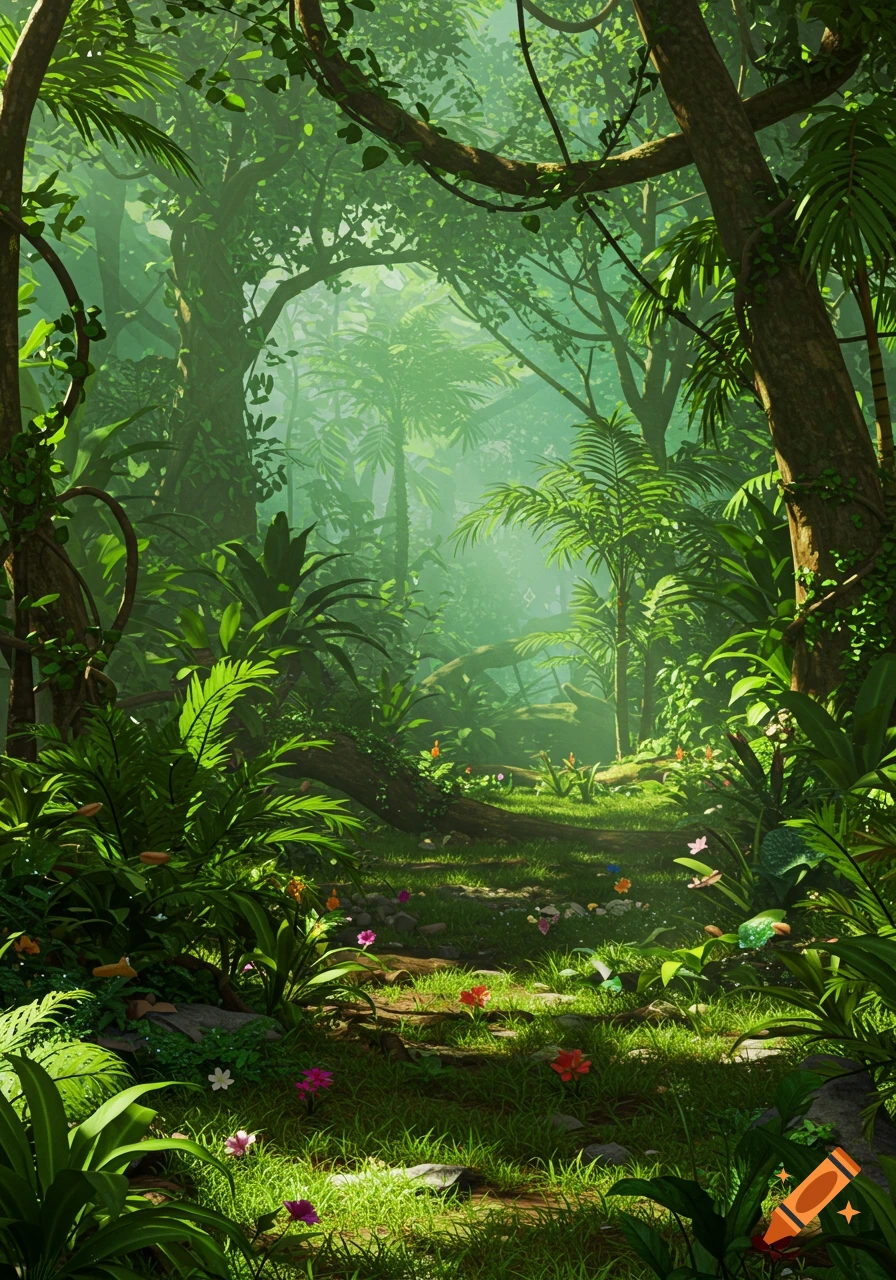 A vibrant, lush jungle path with dappled sunlight filtering through dense green foliage and colorful flowers.