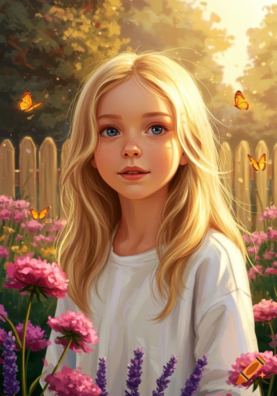 Illustrated portrait of a young blonde girl with blue eyes in a sunlit garden with pink and purple flowers and butterflies.