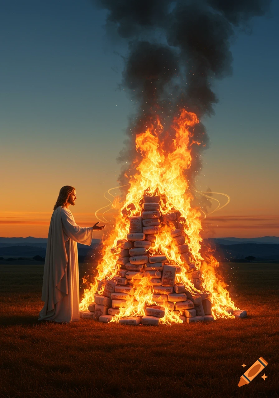 Photorealistic image of Jesus standing beside a towering bonfire made of sacks in a field at sunset.