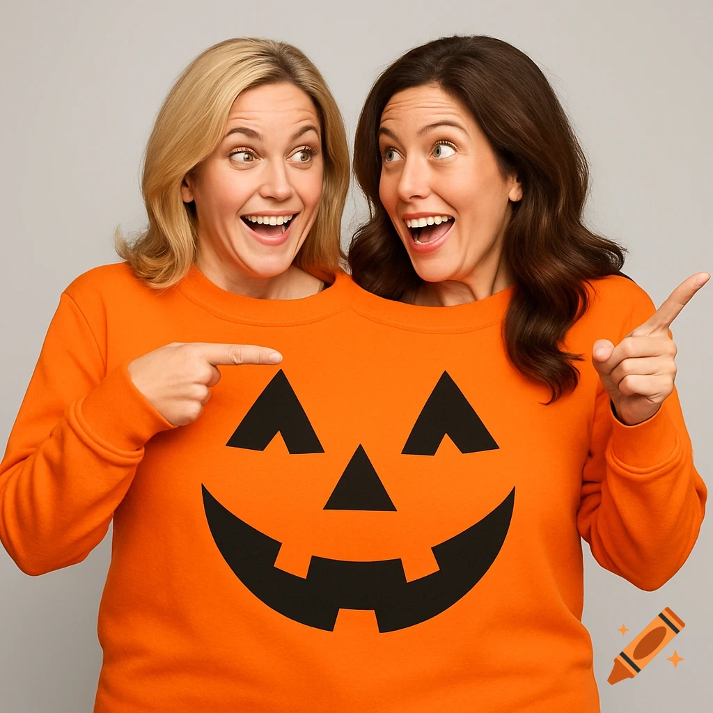 A blonde and a brunette woman wear a conjoined orange jack-o'-lantern sweatshirt, excitedly pointing in opposite directions.