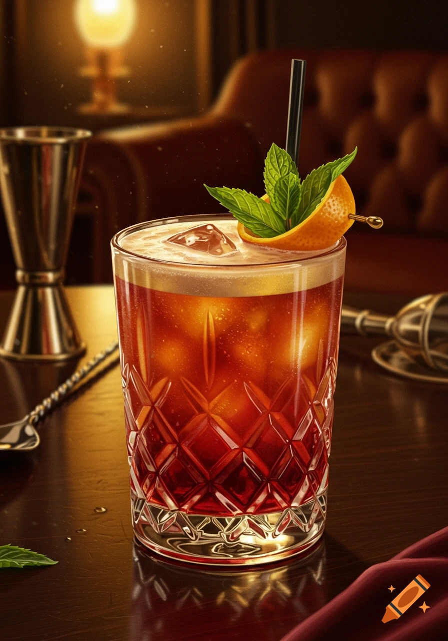 A photorealistic close-up of a vibrant orange cocktail with a mint sprig and orange peel garnish in a fancy glass on a dark bar table.