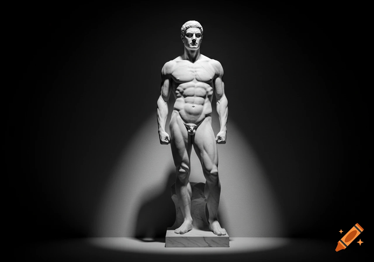A muscular male marble statue stands against a dark background, dramatically lit in black and white.