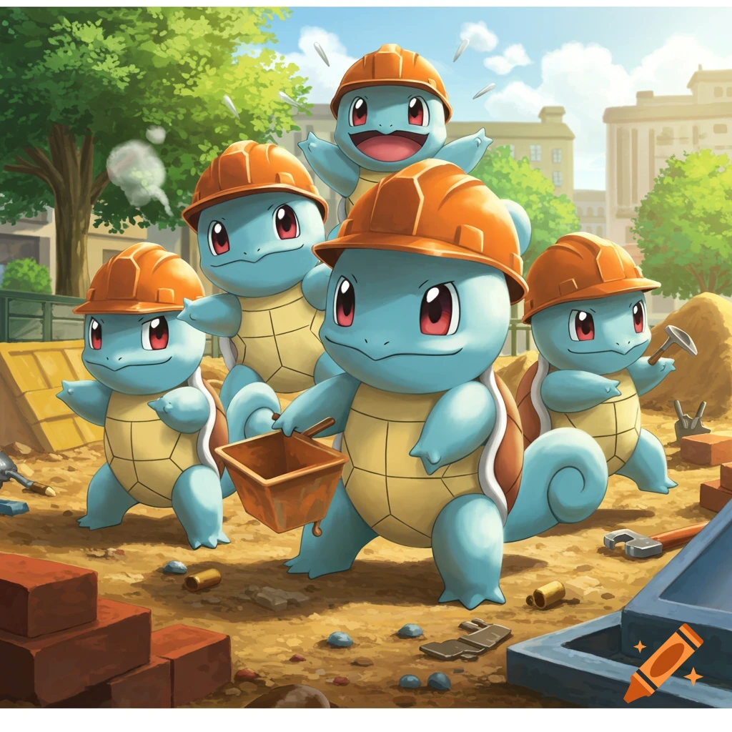Multiple Squirtle Pokémon wearing orange hard hats at a construction site, with bricks and tools around them, in a cartoon style.