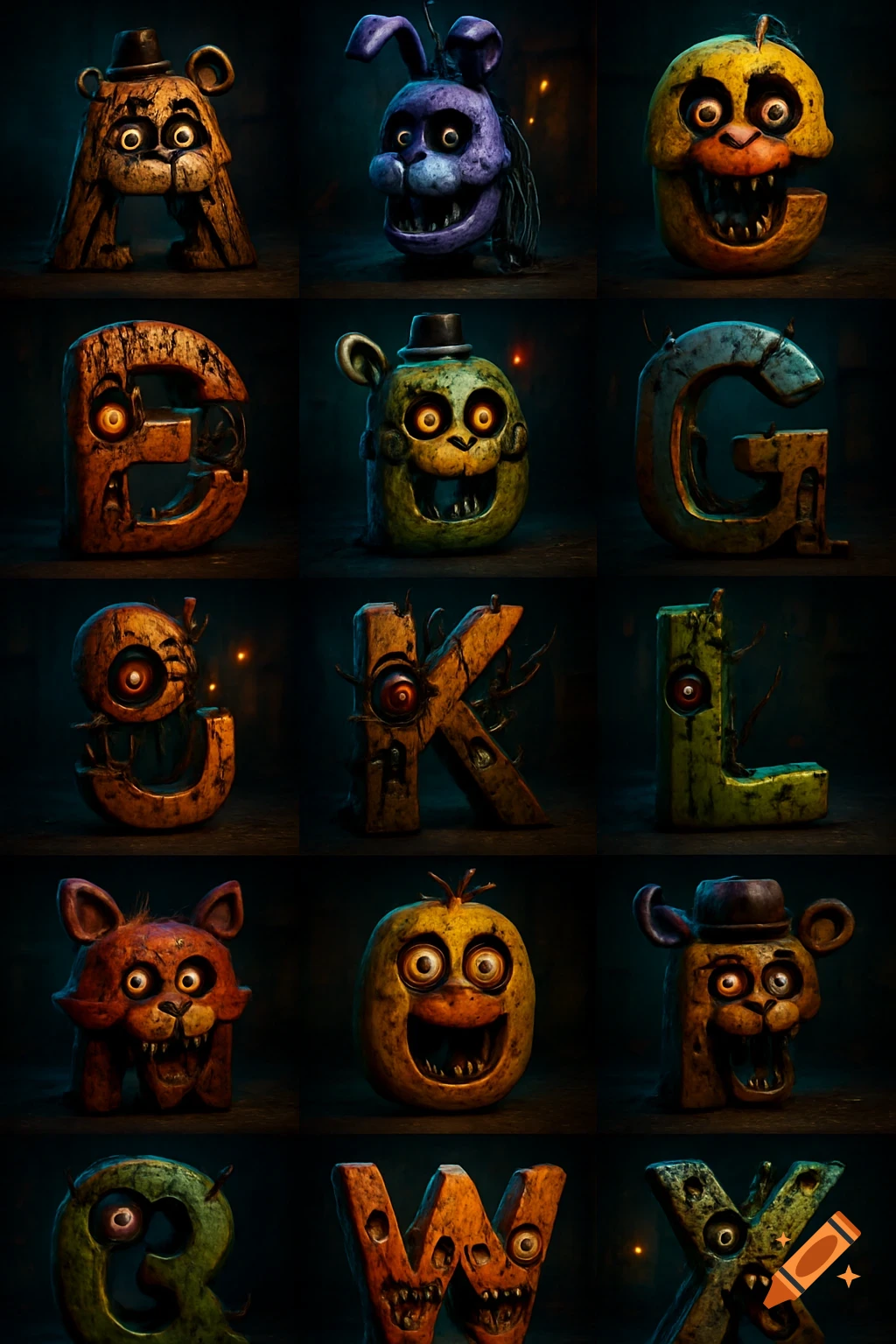 A grid of twelve stylized, creepy alphabet letters, each resembling a character from Five Nights at Freddy's, with glowing eyes and jagged teeth, against a dark background.