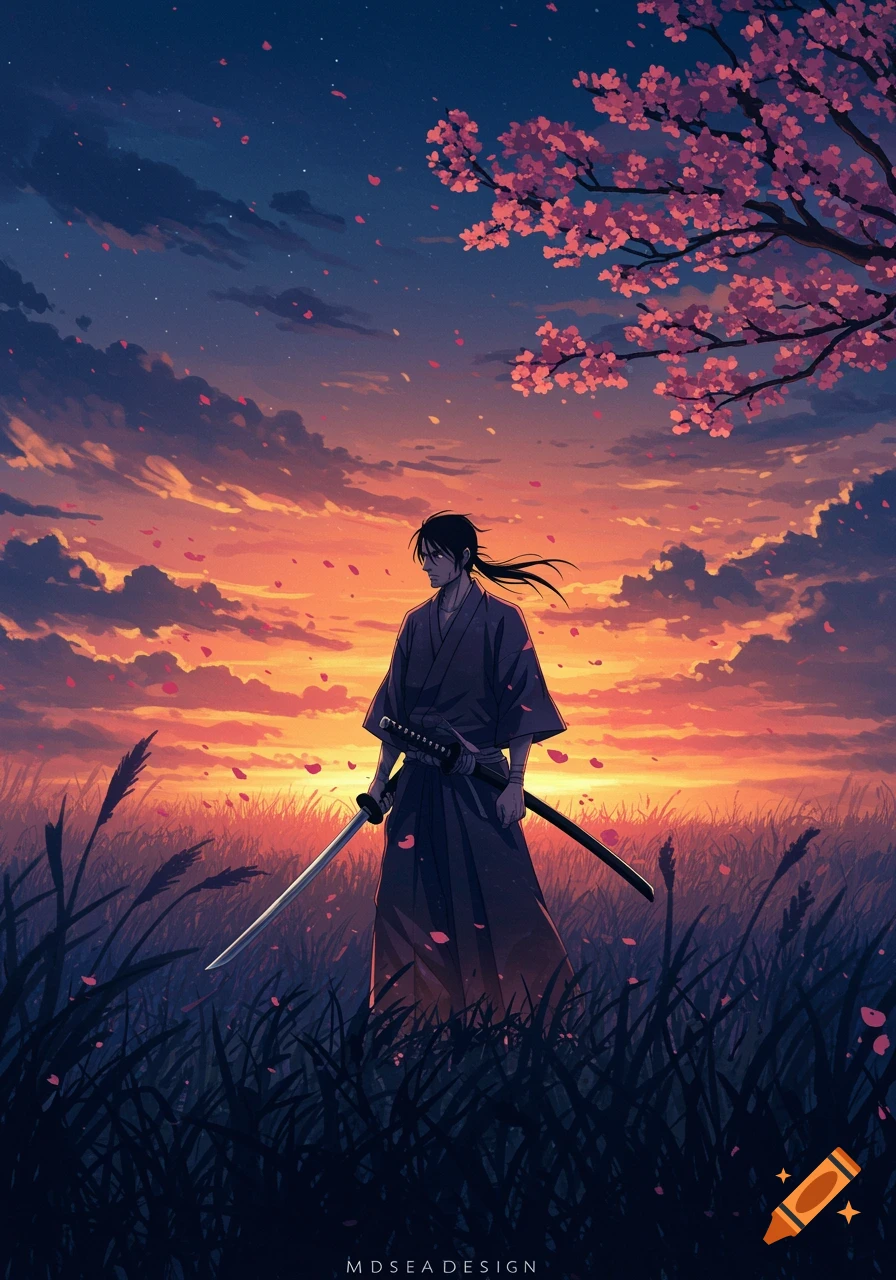An anime illustration of a samurai standing in a field at sunset with falling cherry blossoms.