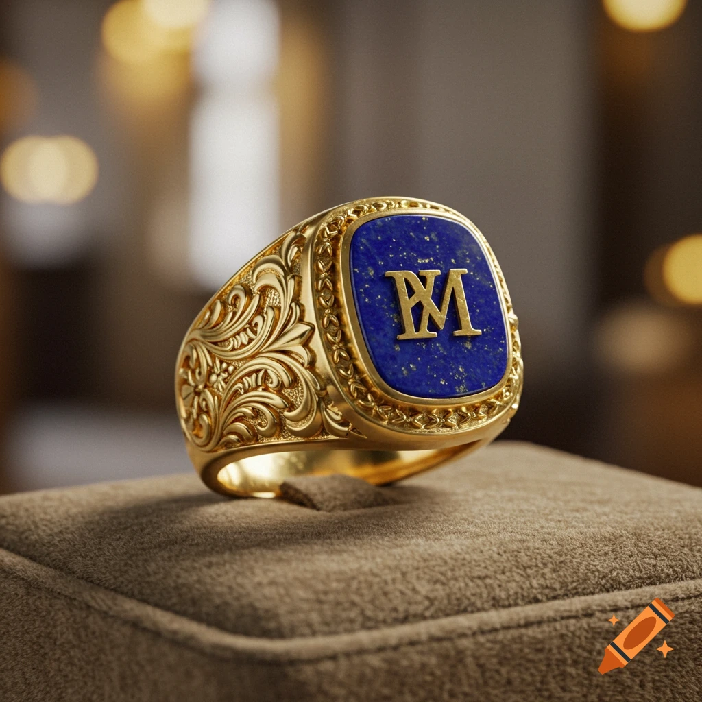A close-up of a gold signet ring with intricate carvings, featuring a rectangular lapis lazuli stone with the gold letters 'RM' on it, resting on a brown velvet surface.