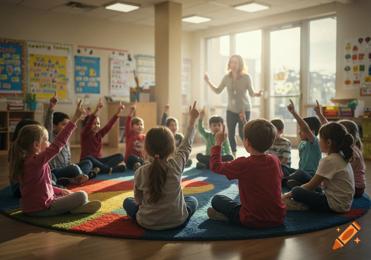 A diverse group of young students sits on a colorful circular rug in a brightly lit classroom, raising their hands, facing a teacher who is standing.