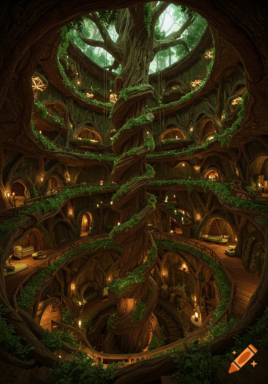 A colossal, spiraling tree structure with multiple levels, wooden walls, glowing organic lights, and internal rooms like an ancient fantasy dwelling.