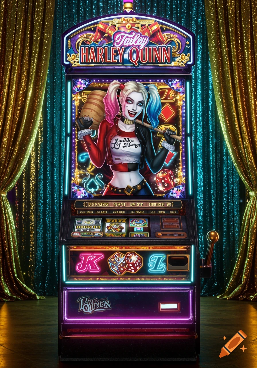 A vibrant, neon-lit slot machine features a stylized illustration of Harley Quinn holding a mallet, set against sparkly gold and teal curtains.