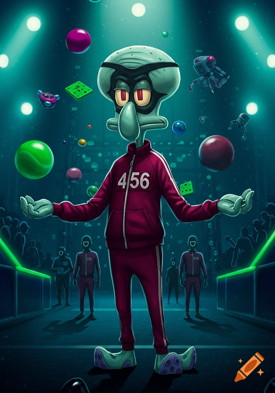 Squidward from Spongebob wearing a red tracksuit with number 456, standing in a dark, stylized arena with floating balls and geometric shapes.