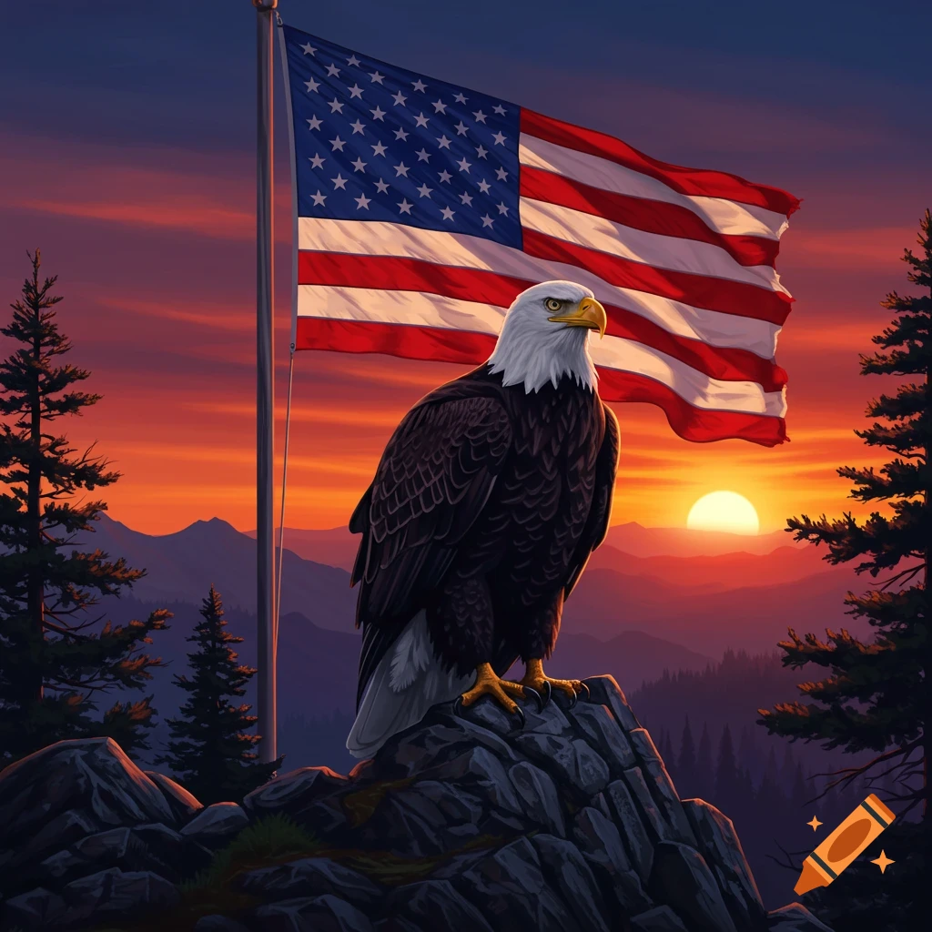 An illustrative bald eagle perches on a rock with an American flag waving behind it at sunset in a mountainous landscape.