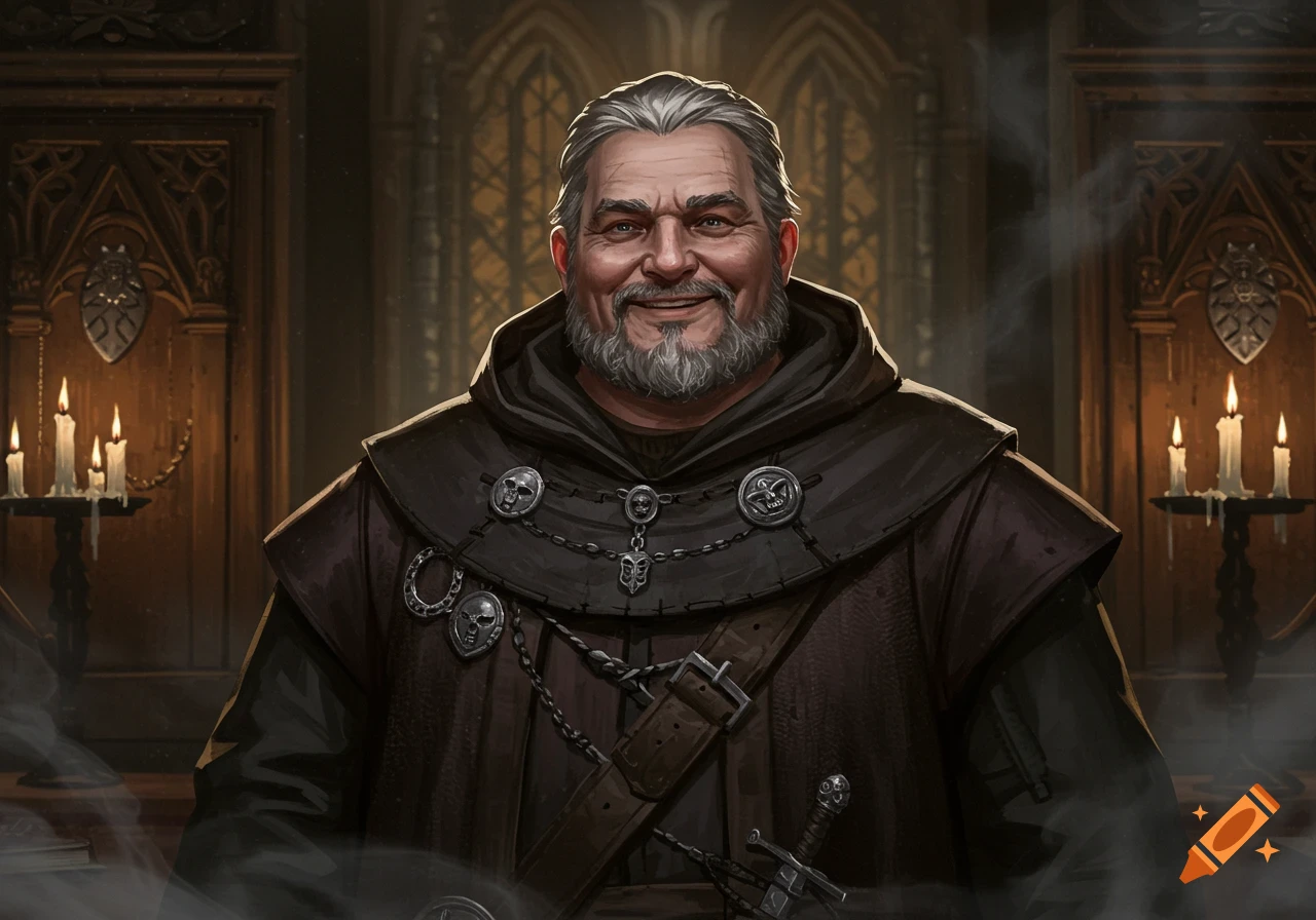 A smiling, grey-haired man with a beard, wearing dark robes with metal skull and chain decorations, stands in a dimly lit gothic interior.