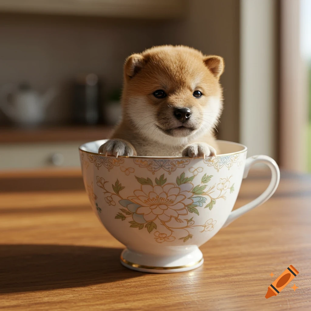 A cute Shiba Inu puppy looking out from inside a floral teacup on a wooden table, lit by warm light.