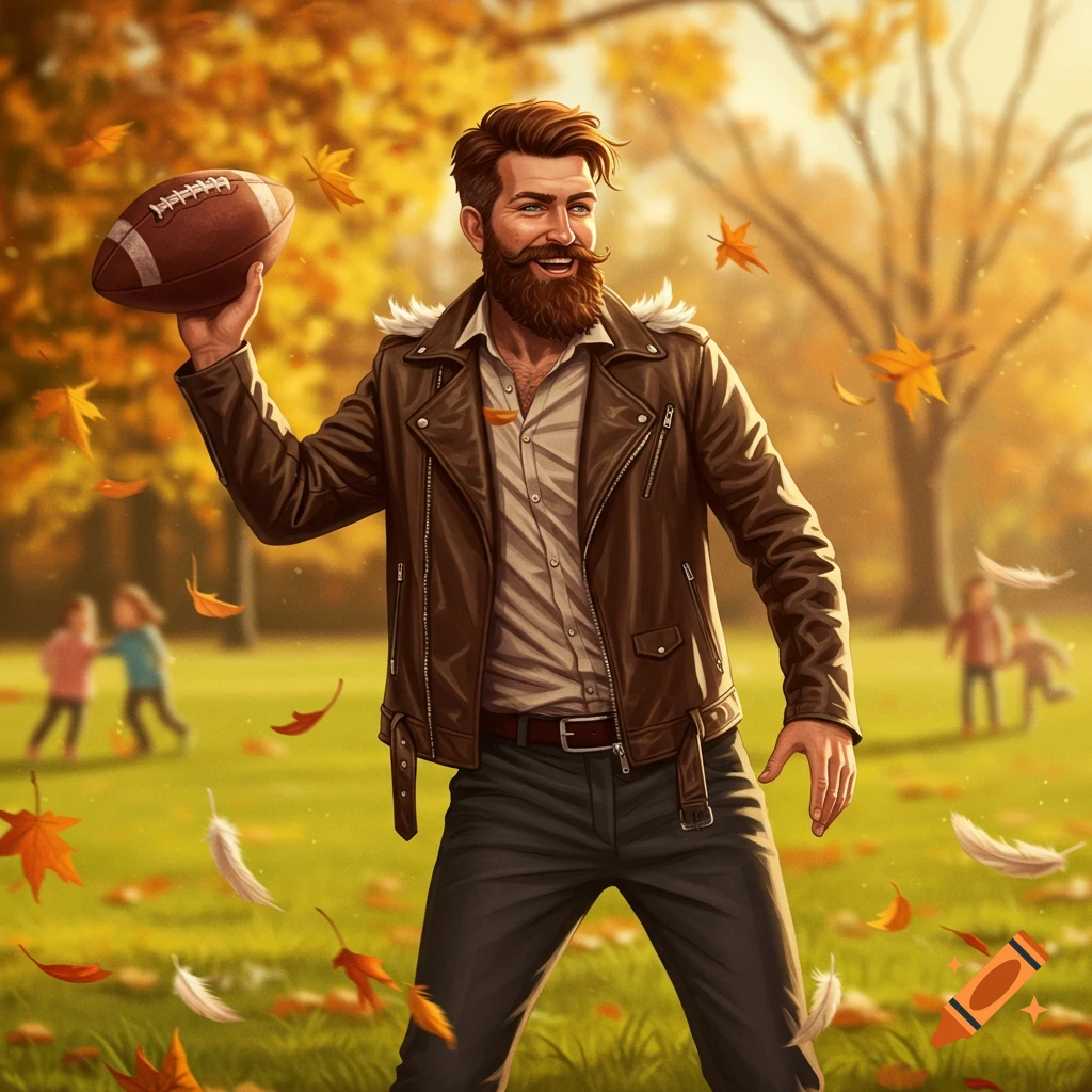 A bearded man in a brown leather jacket smiles while holding a football in an autumn park with falling leaves and children playing.