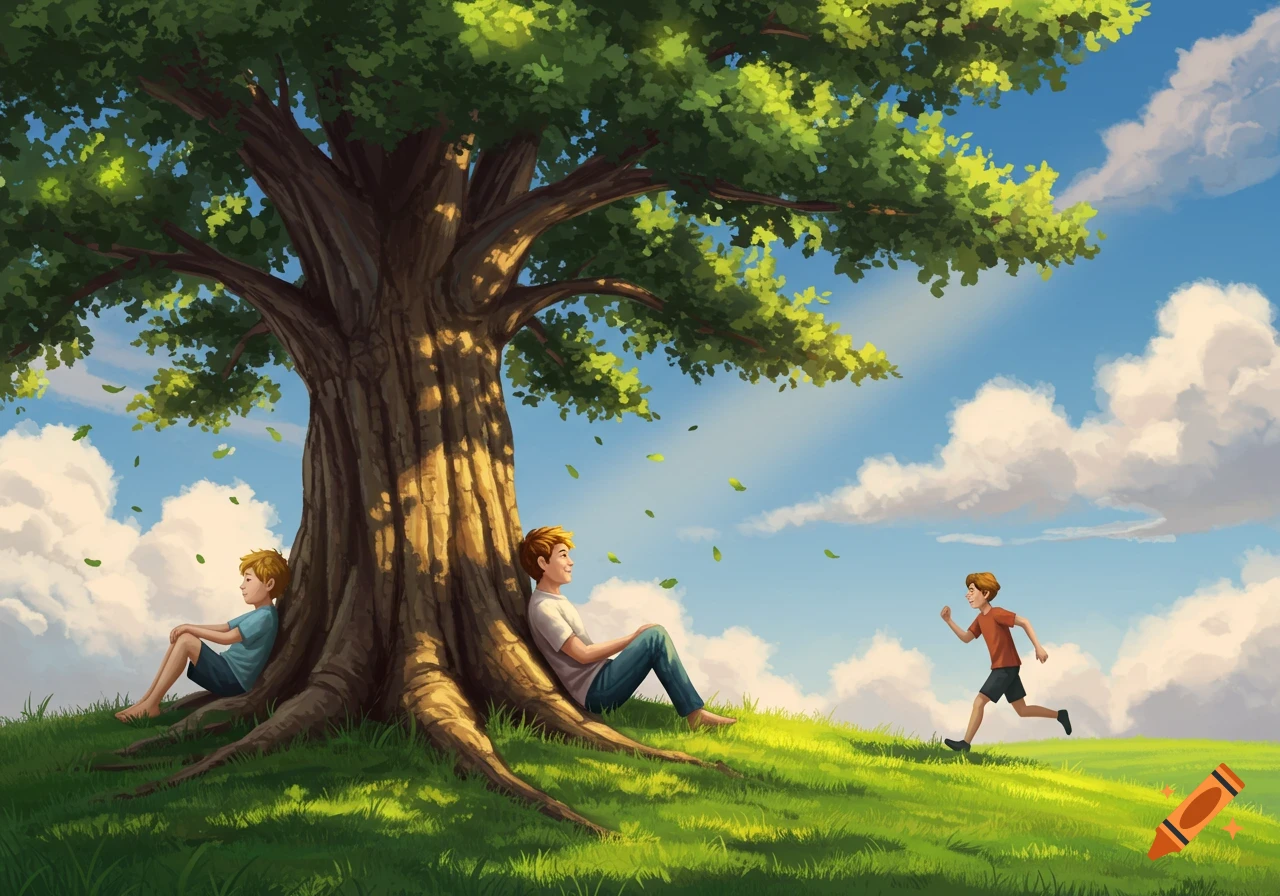An illustration of a large tree on a grassy hill under a blue sky. Two boys sit against the tree's roots, and another boy runs toward them on the right.