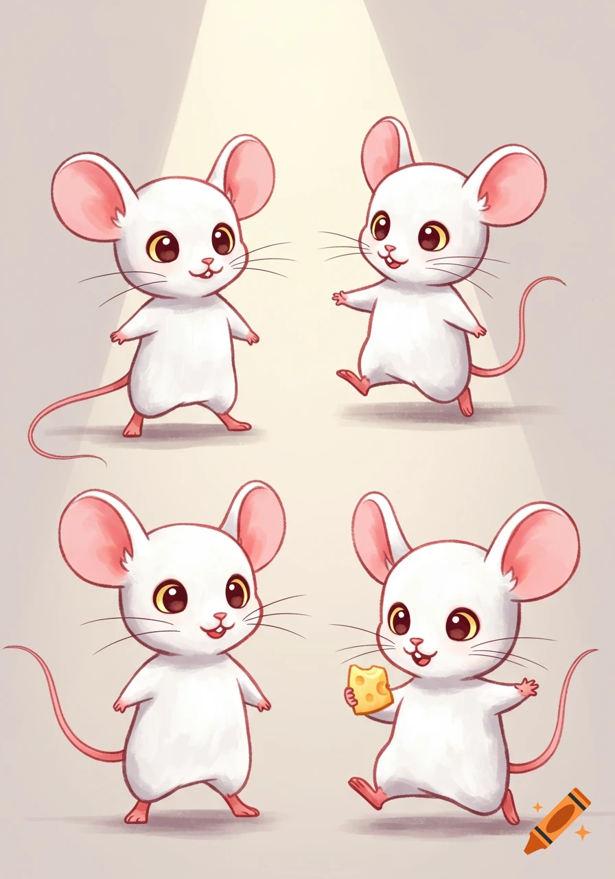 Four cute white cartoon mice in various poses, one holding cheese.