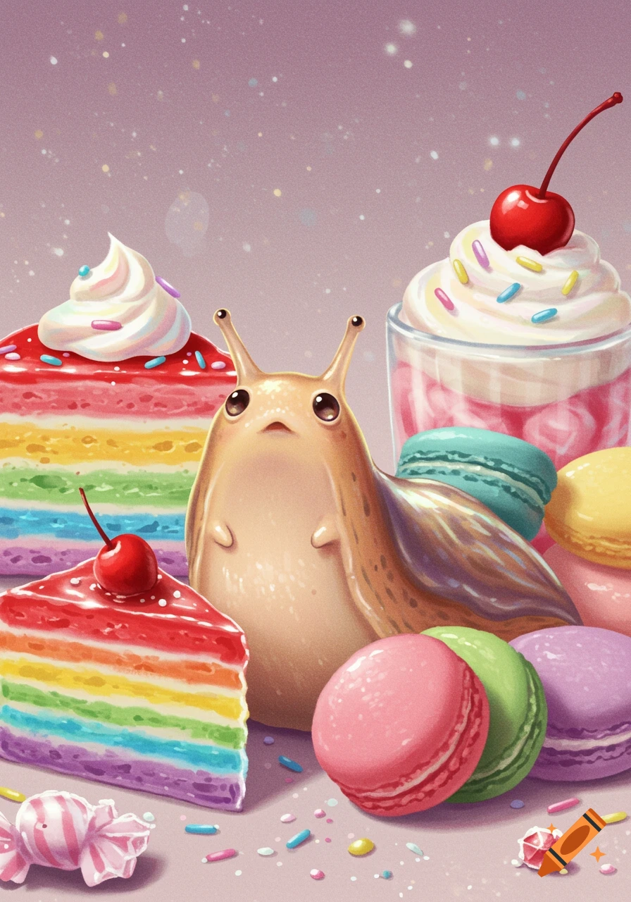 A cute slug surrounded by vibrant rainbow cake slices, colorful macarons, and a whipped cream sundae, in a whimsical illustration.
