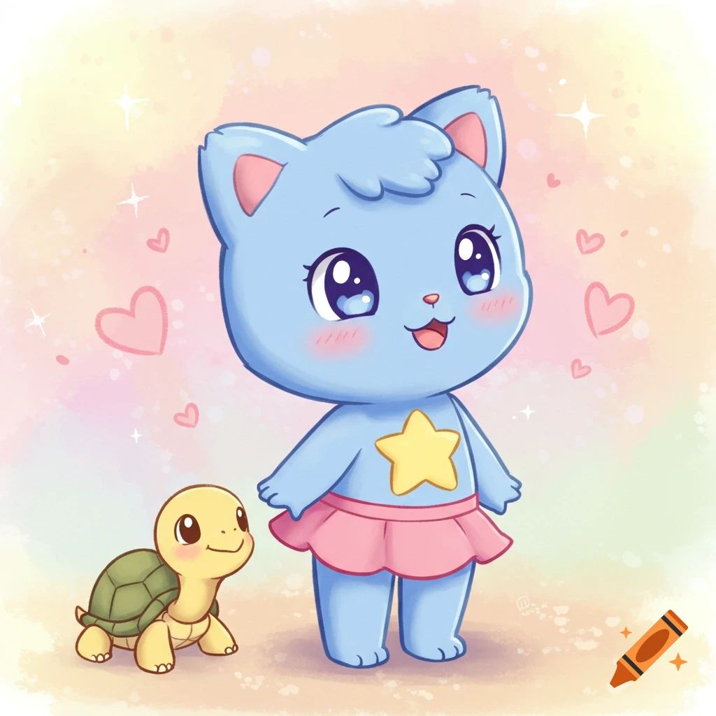 A cute blue cartoon cat-like character in a pink skirt with a yellow star on its chest, smiling next to a yellow turtle, with hearts and sparkles in the background.