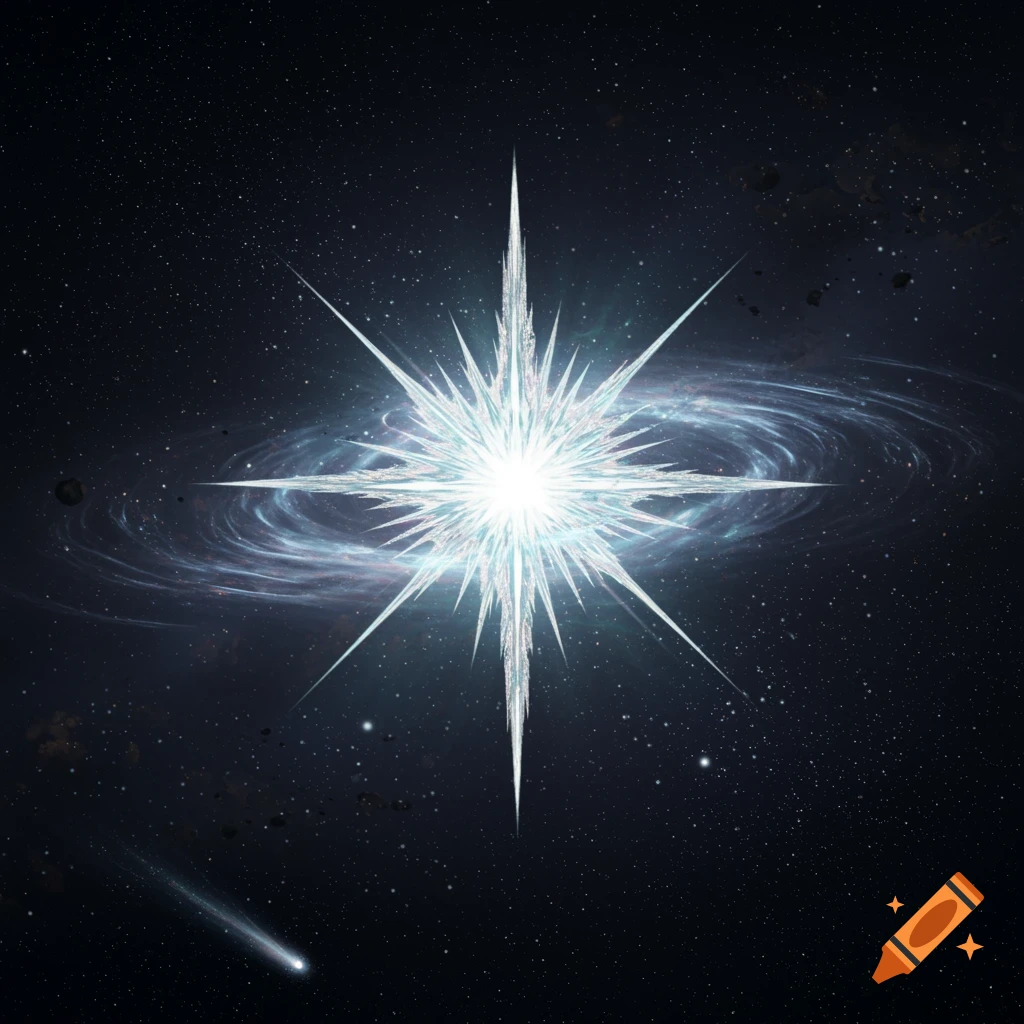 A brilliant, crystalline star-like object with sharp rays illuminates a dark starry sky, with a swirling galaxy and a comet.
