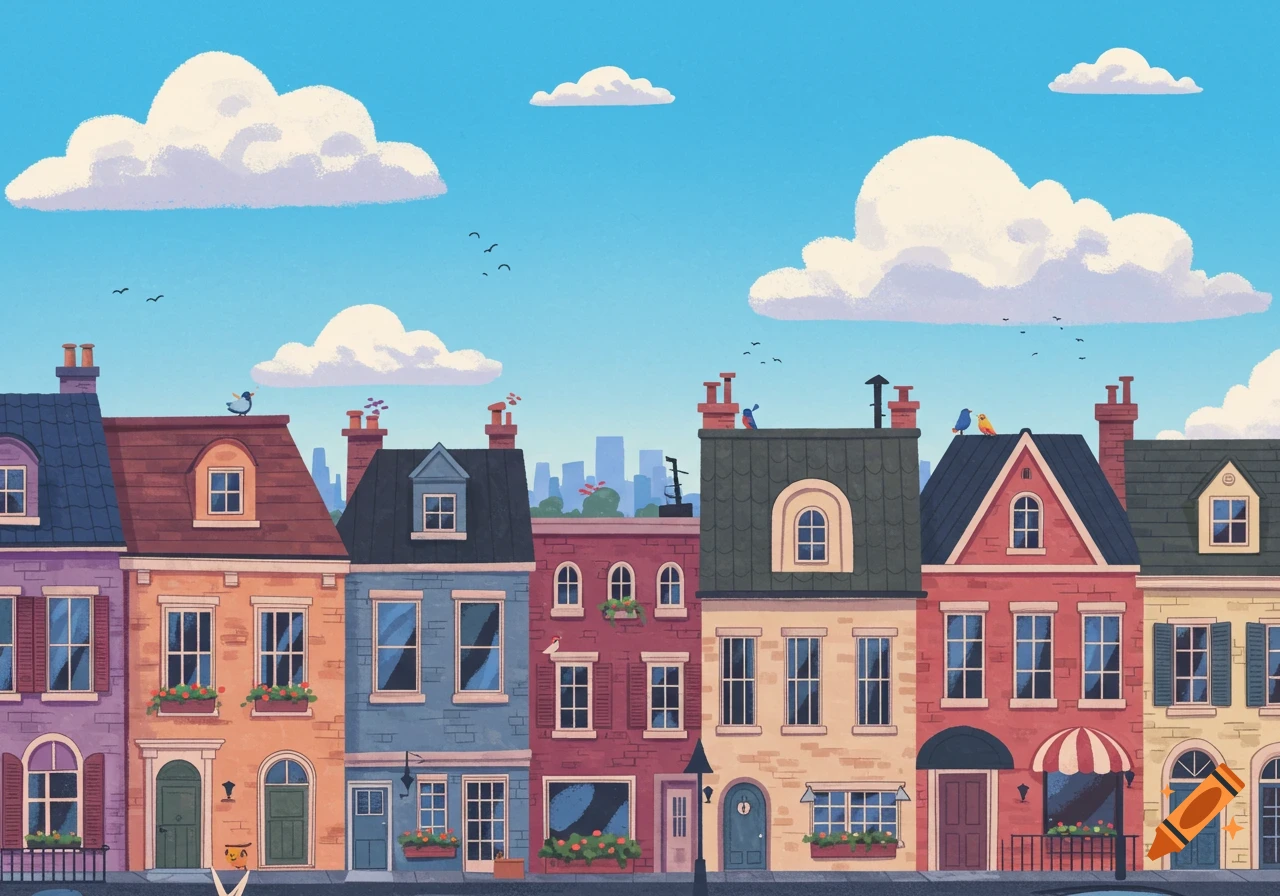 A colorful row of cartoon houses with chimneys and small birds on rooftops under a blue sky with fluffy white clouds, in a panoramic view.
