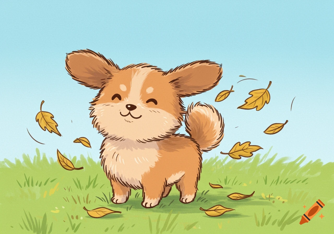 A cute, fluffy cartoon dog stands in green grass with brown autumn leaves blowing around it under a blue sky.