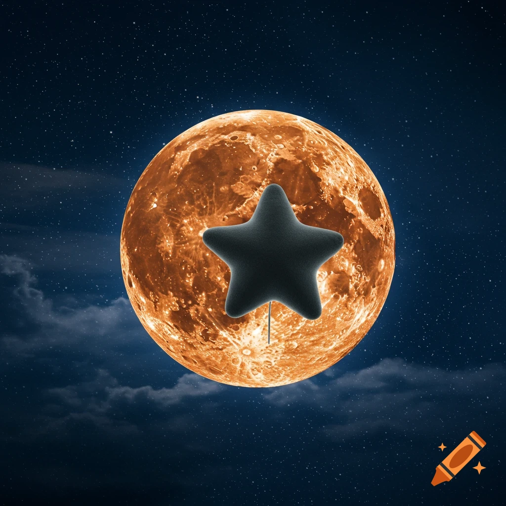 A dark, puffy star floats in front of a large, textured orange moon against a starry night sky with wispy clouds.